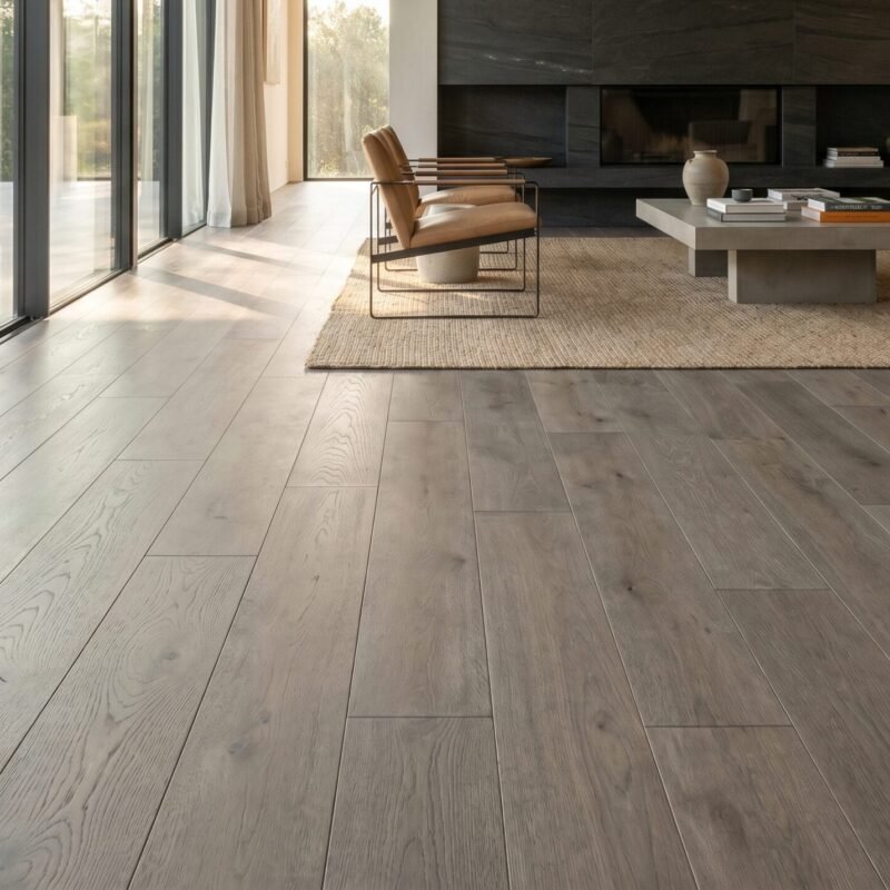 Illustrative finished interior with warm wood flooring