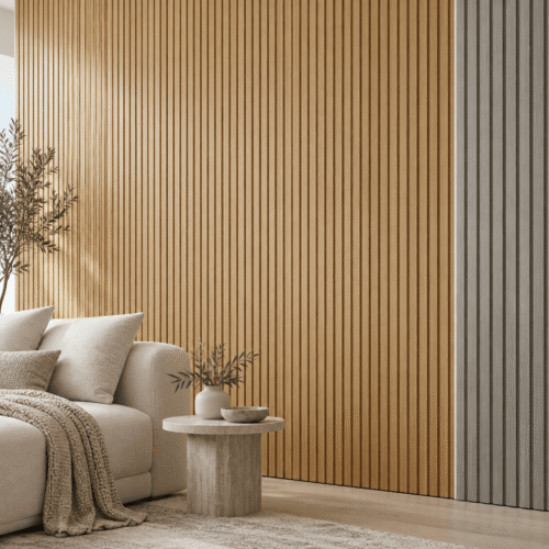 Illustrative modern interior with oak and silver-grey fluted wall panels