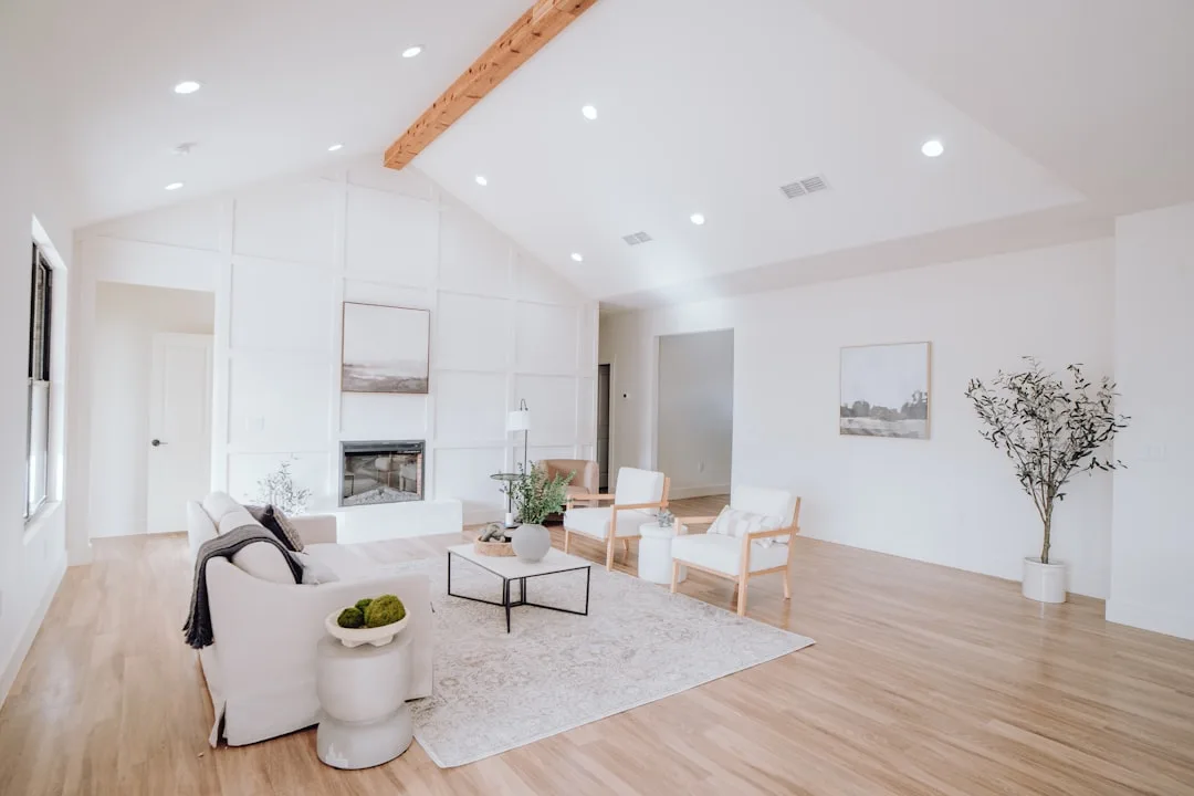 Modern living room with wood-look vinyl flooring