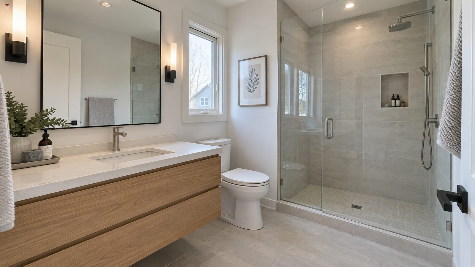 Bathroom Renovation in Vaughan & the GTA 1 Completed bathroom renovation with porcelain tile shower