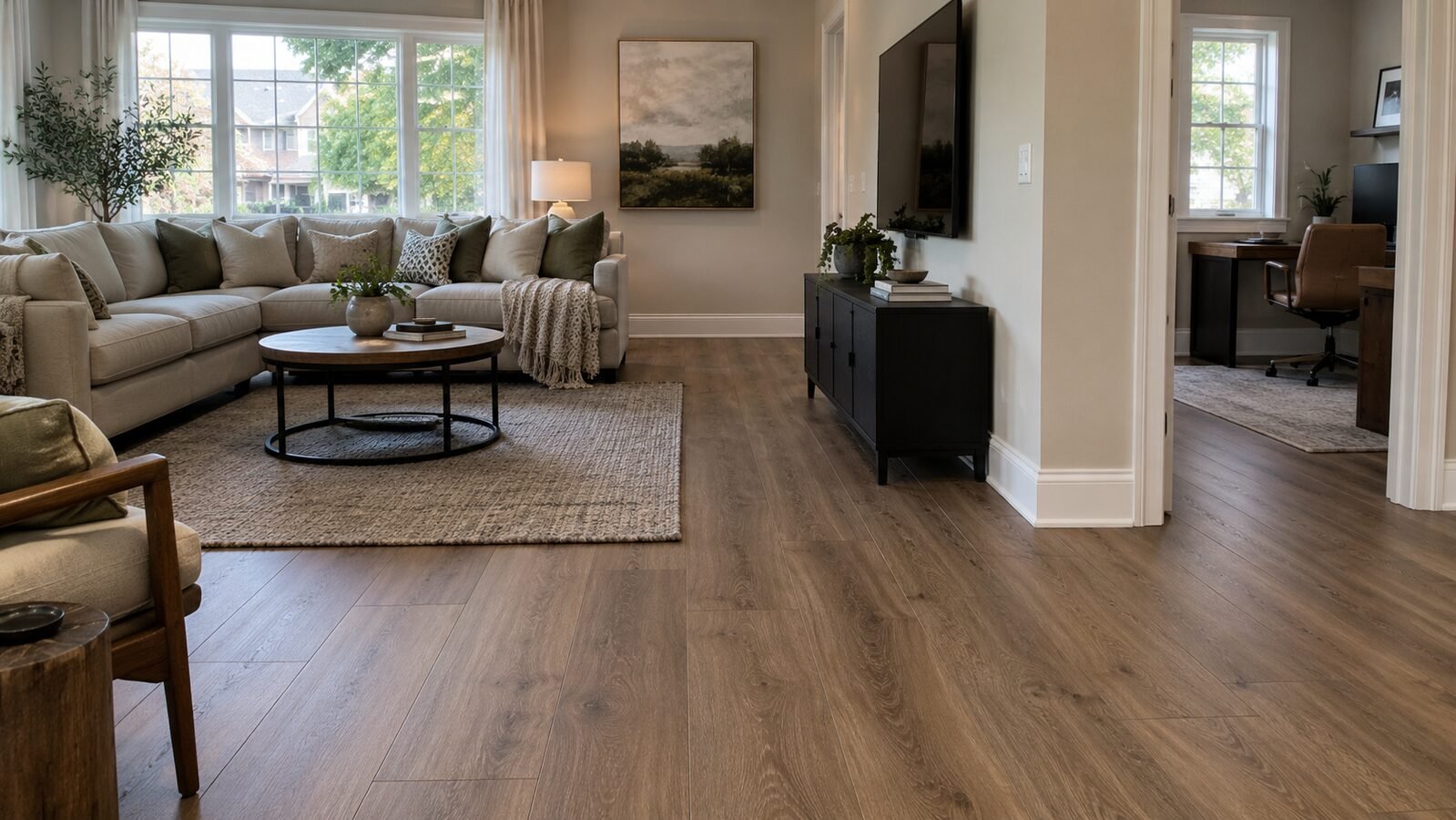 Finished vinyl plank flooring in a GTA family room