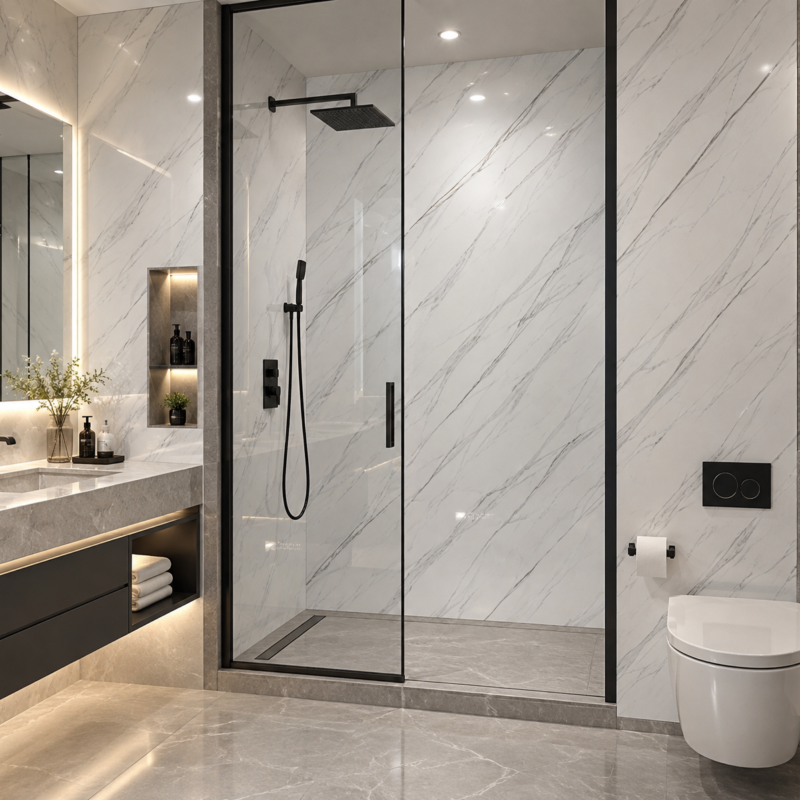 Marble Mist UV marble sheet wall panel detail and room inspiration 1