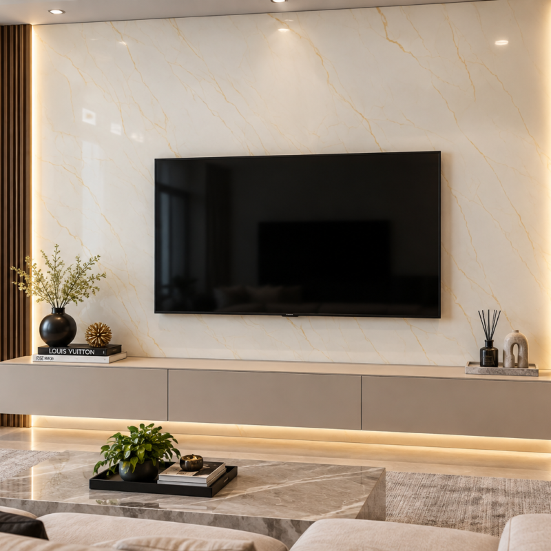 Aurora Gold UV marble sheet wall panel detail and room inspiration 1