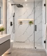Royal Statuario UV marble sheet wall panel detail and room inspiration 1