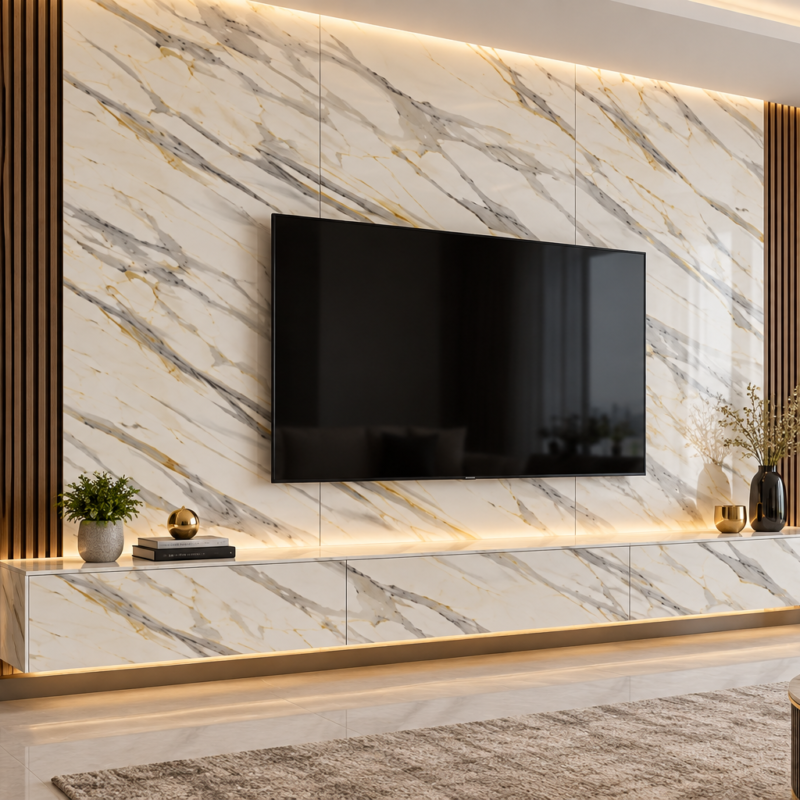 Calacatta Gold UV marble sheet wall panel detail and room inspiration 1