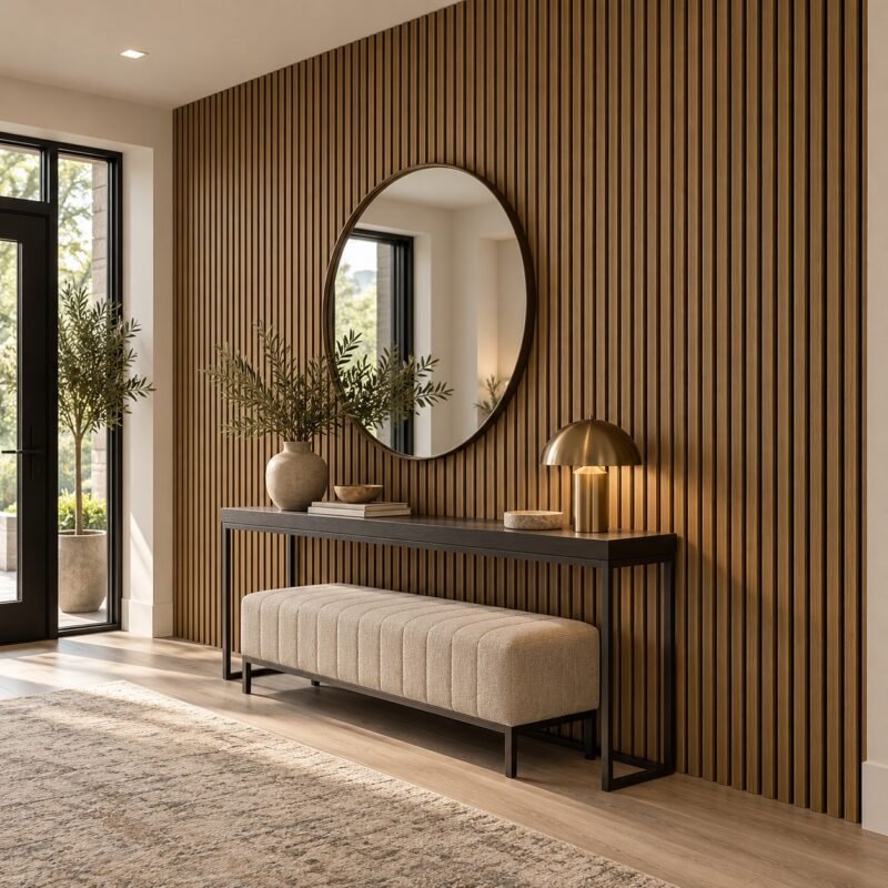 Cocoa acoustic slat wall panel installed on a modern accent wall