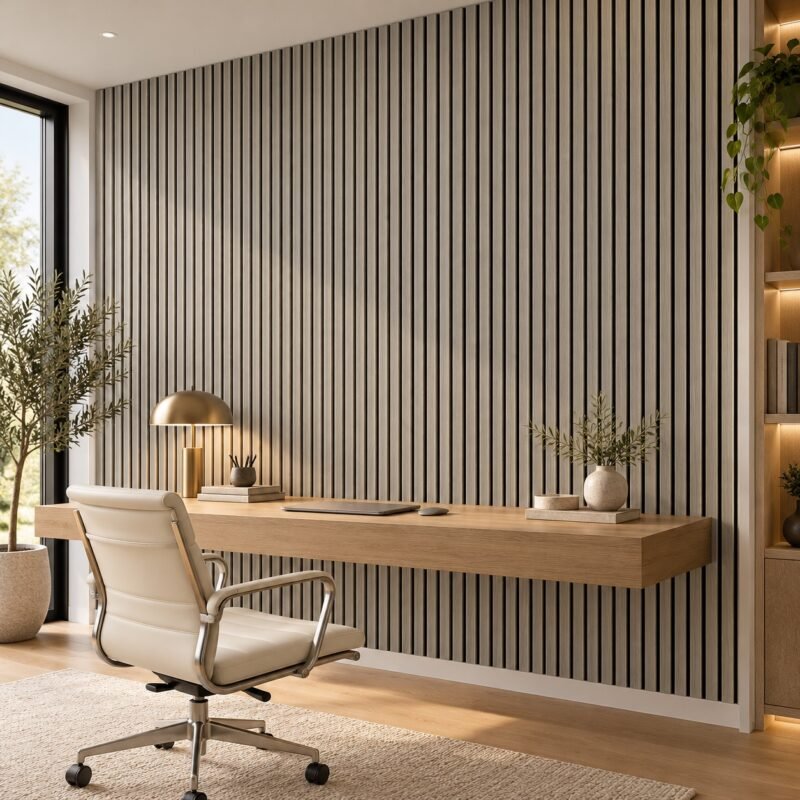 Graphite acoustic slat wall panel installed on a modern accent wall