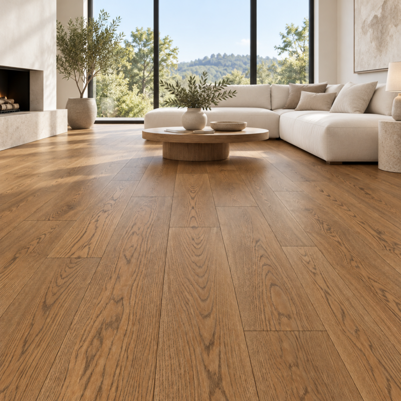 Guoya amber Oak flooring in a living room — illustrative room visualization