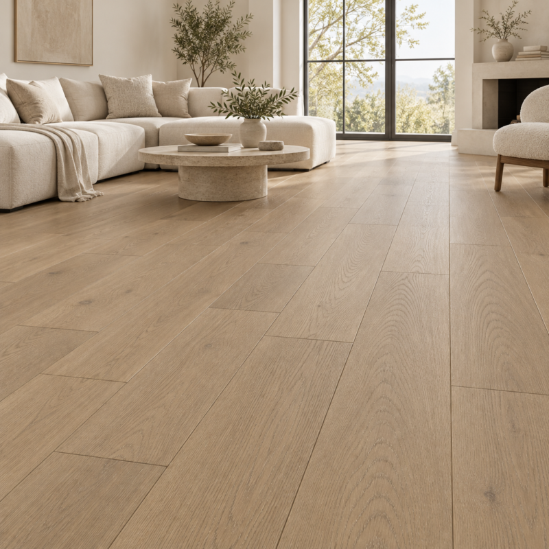 Guoya golden Oak flooring in a living room — illustrative room visualization