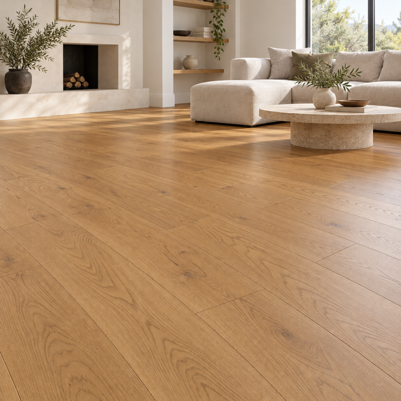 Guoya nordic Oak flooring in a living room — illustrative room visualization