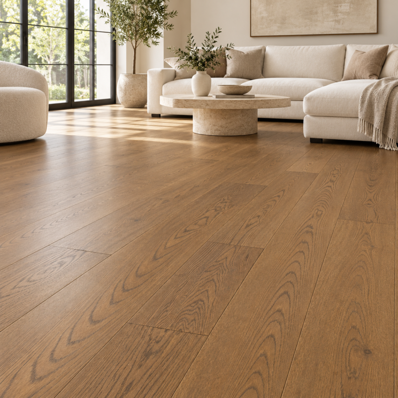 Guoya timeless Oak flooring in a living room — illustrative room visualization