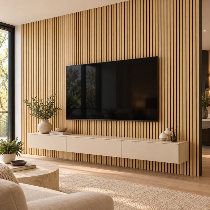 Light Oak acoustic slat wall panel installed on a modern accent wall