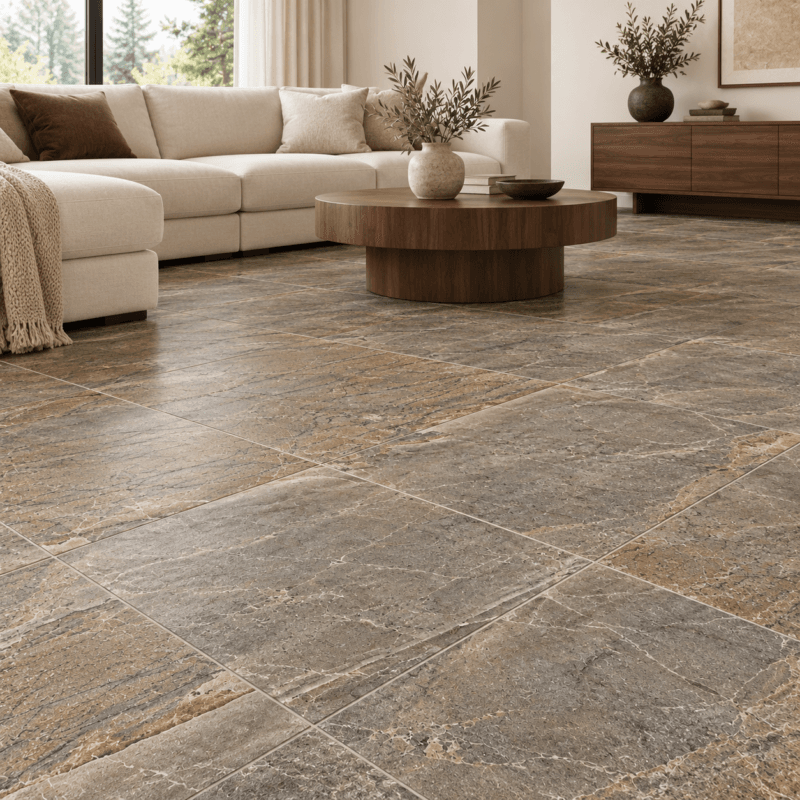 Must Brown Matte – Porcelain Tile – 18x18 in a modern room, AI-generated installation concept