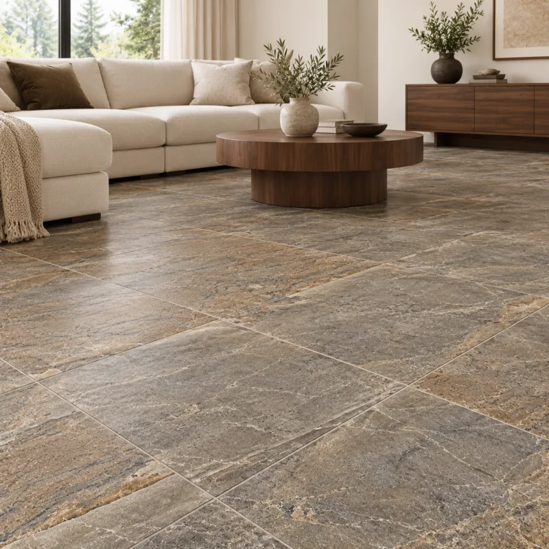 Must Brown Matte – Porcelain Tile – 18x18 in a modern room, AI-generated installation concept