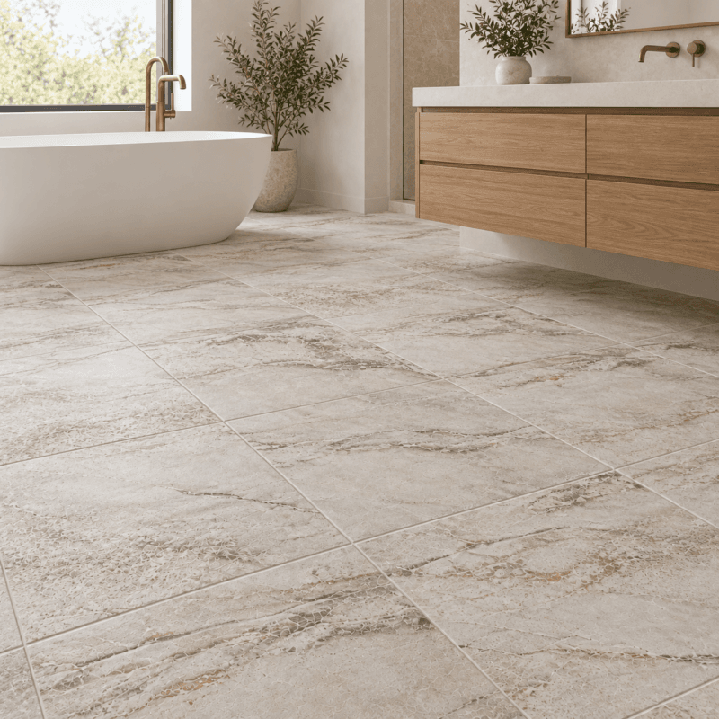 Must Ivory Matte – Porcelain Tile – 18x18 in a modern room, AI-generated installation concept