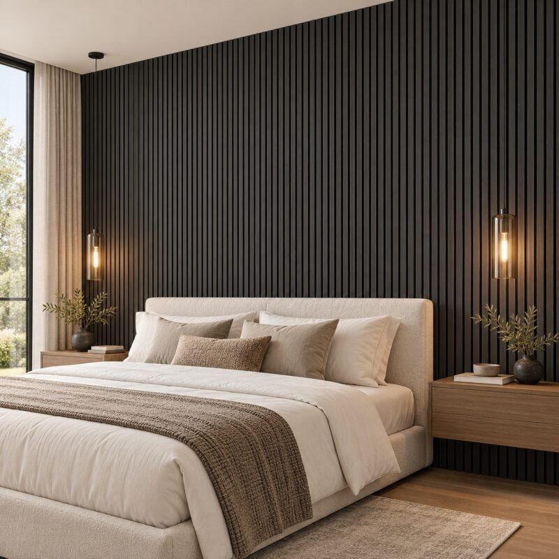 Noir acoustic slat wall panel installed on a modern accent wall