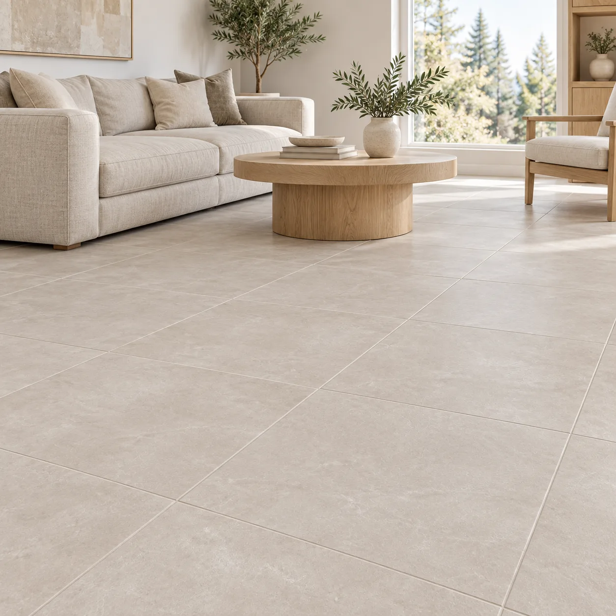 Regal Cream Matte – Porcelain Tile – 18x18 in a modern room, AI-generated installation concept