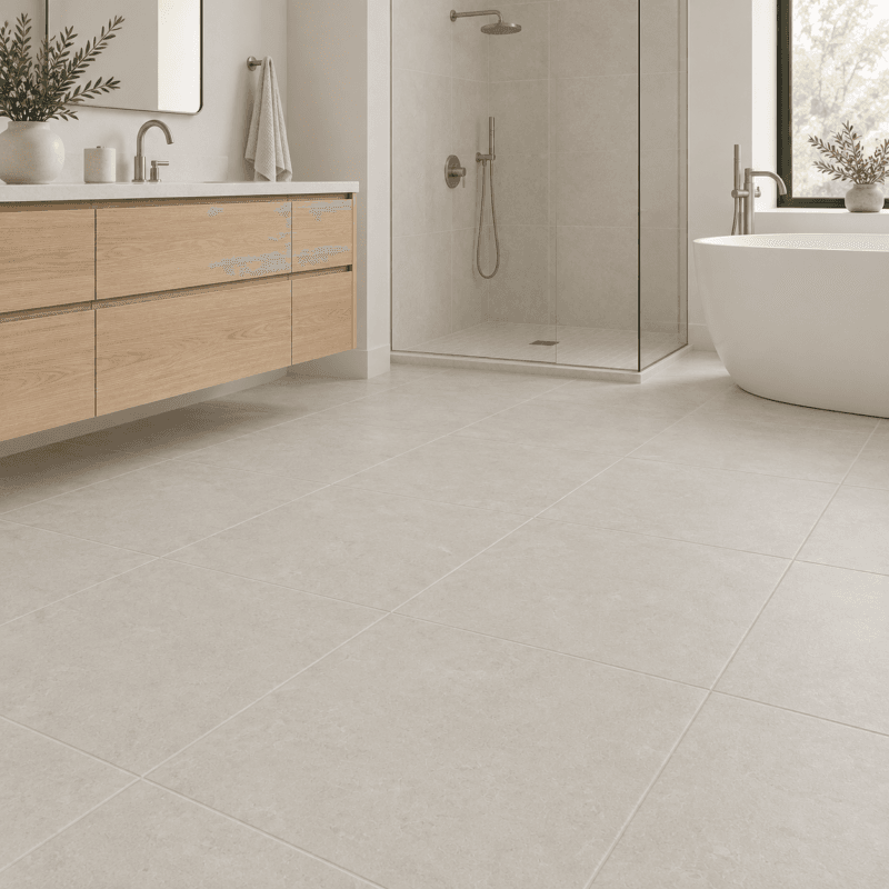 Regal Eggshell White Matte 18x18 porcelain tile in a modern interior, AI-generated installation concept