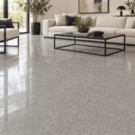 Regal Grey Polished 18x18 porcelain tile in a modern living room, AI-generated installation concept