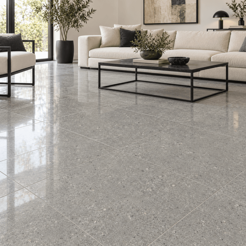 Regal Grey Polished 18x18 porcelain tile in a modern living room, AI-generated installation concept