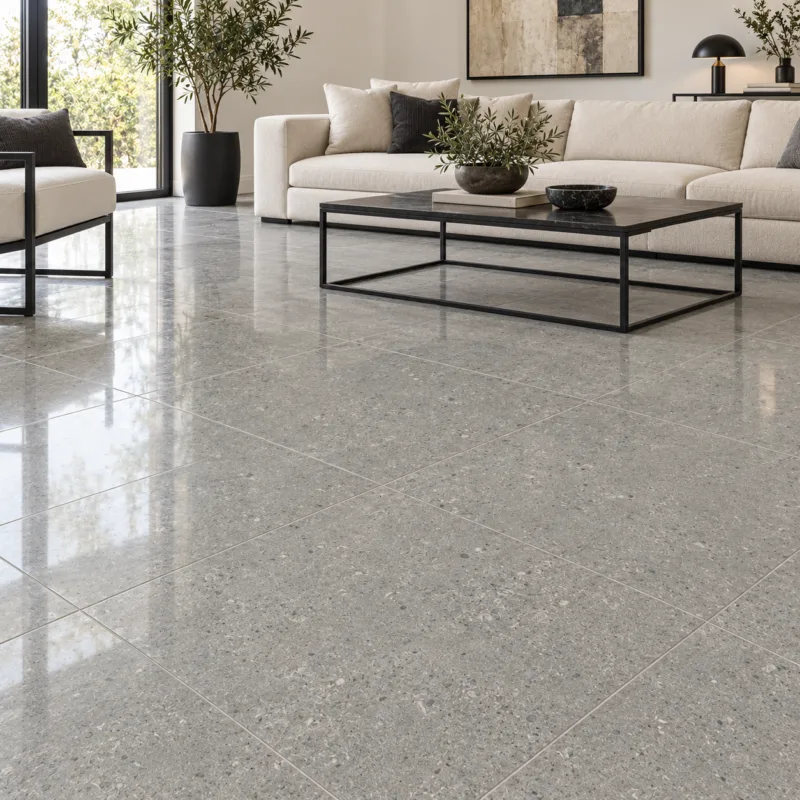Regal Grey Polished 18x18 porcelain tile in a modern living room, AI-generated installation concept