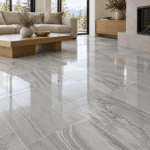 Sahara Ivory Polished – Porcelain Tile – 12x24 in a modern living room, AI-generated installation concept