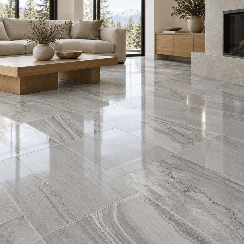 Sahara Ivory Polished – Porcelain Tile – 12x24 in a modern living room, AI-generated installation concept