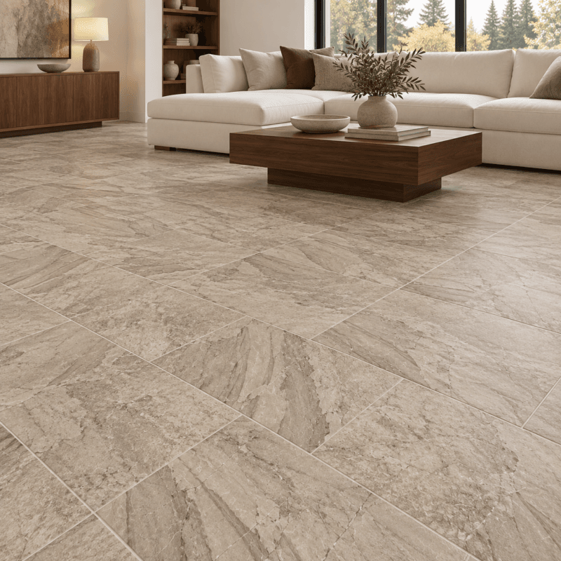 Taupe Matte – Porcelain Tile – 12x24 in a modern living room, AI-generated installation concept