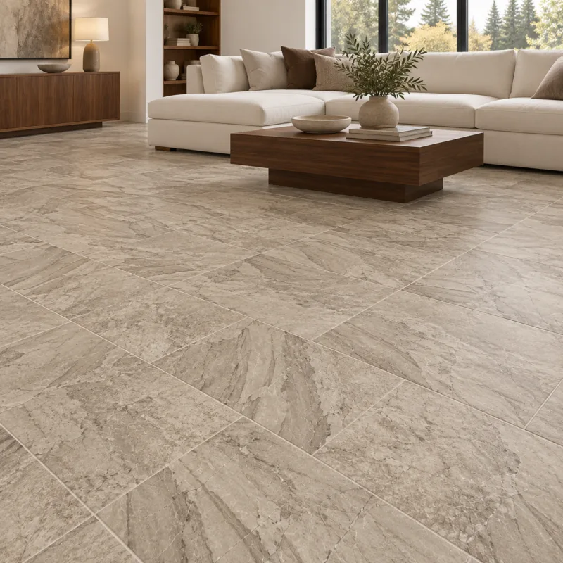 Taupe Matte – Porcelain Tile – 12x24 in a modern living room, AI-generated installation concept