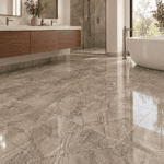 Taupe Polished – Porcelain Tile – 12x24 in a modern room, AI-generated installation concept