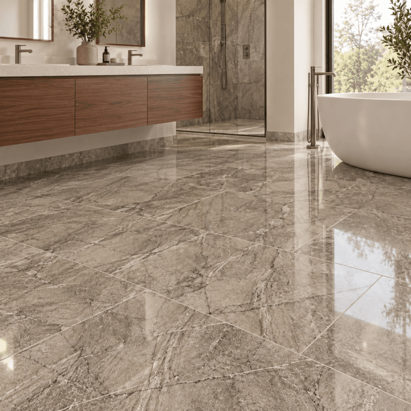 Taupe Polished – Porcelain Tile – 12x24 in a modern room, AI-generated installation concept