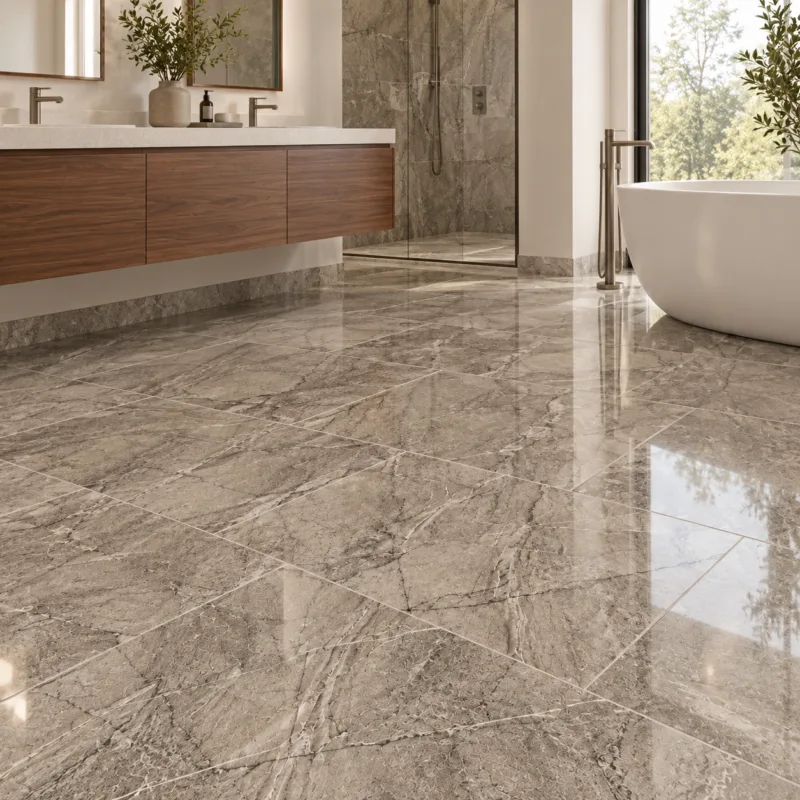 Taupe Polished – Porcelain Tile – 12x24 in a modern room, AI-generated installation concept