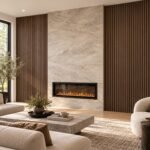 Walnut acoustic slat wall panel installed on a modern accent wall