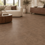 Yura Tobacco Matte 24x24 porcelain tile in a modern interior, AI-generated installation concept