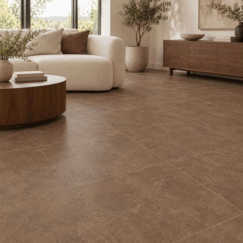 Yura Tobacco Matte 24x24 porcelain tile in a modern interior, AI-generated installation concept