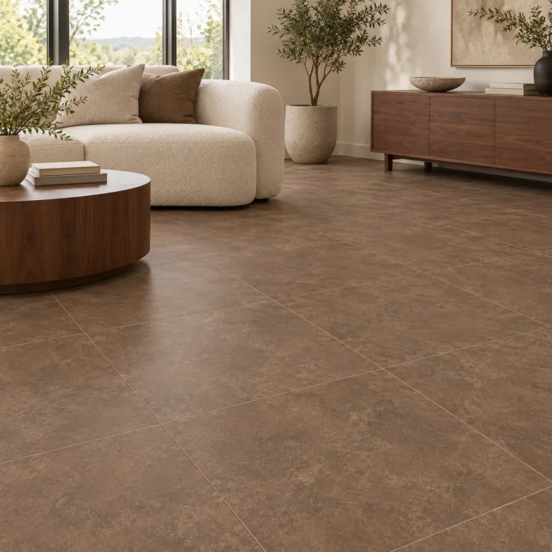 Yura Tobacco Matte 24x24 porcelain tile in a modern interior, AI-generated installation concept