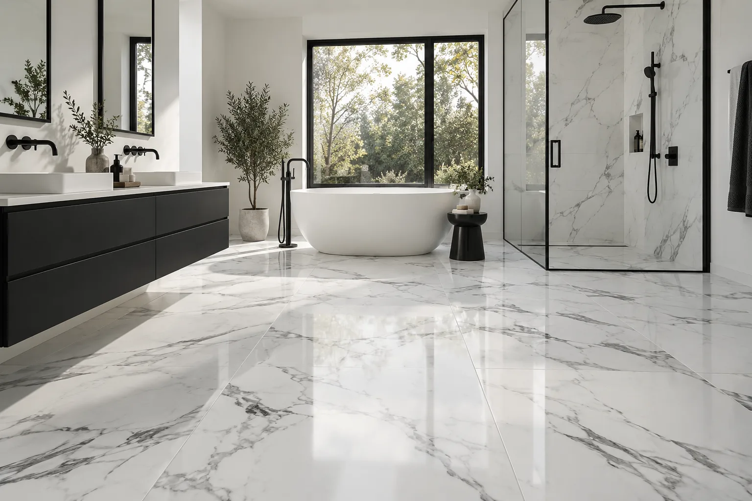 Modern black and white bathroom with porcelain tiles and matte black fixtures