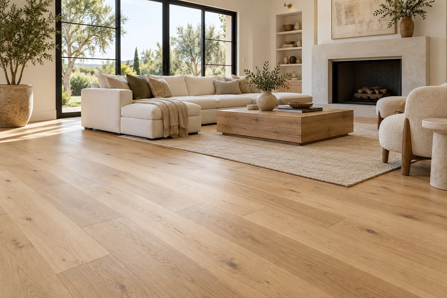 Natural oak hardwood flooring with wide 7.5-inch planks in a modern living room